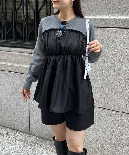 褶皺吊帶拼接荷葉邊針織衫