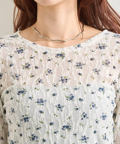 蕾絲花卉圖案透視長袖T恤