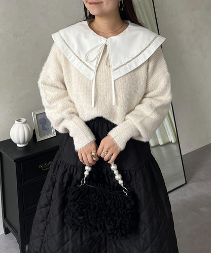 背部金屬裝飾船領長毛針織衫