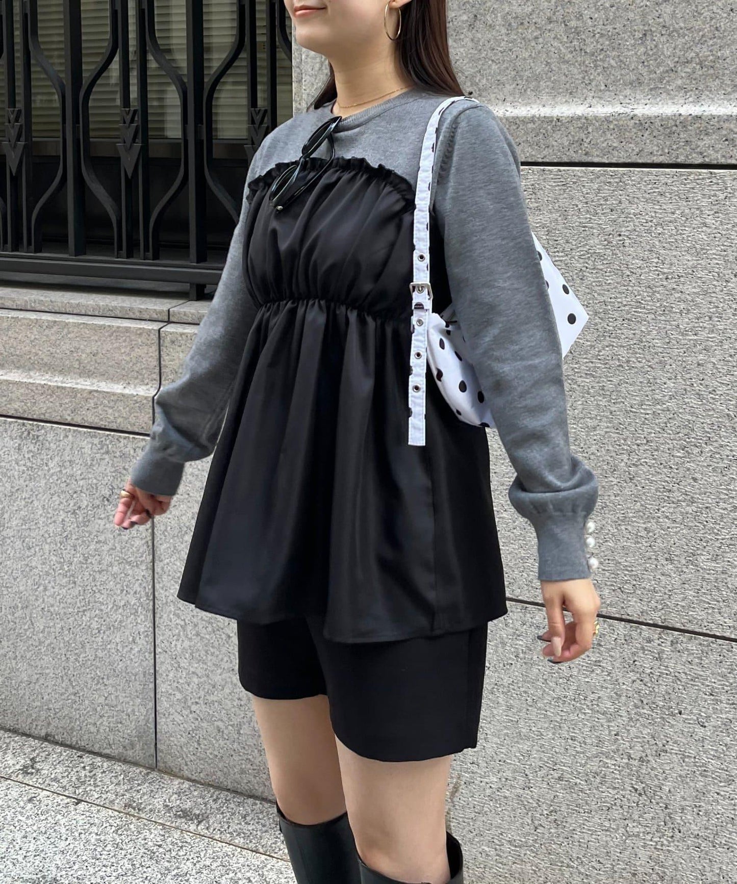 褶皺吊帶拼接荷葉邊針織衫