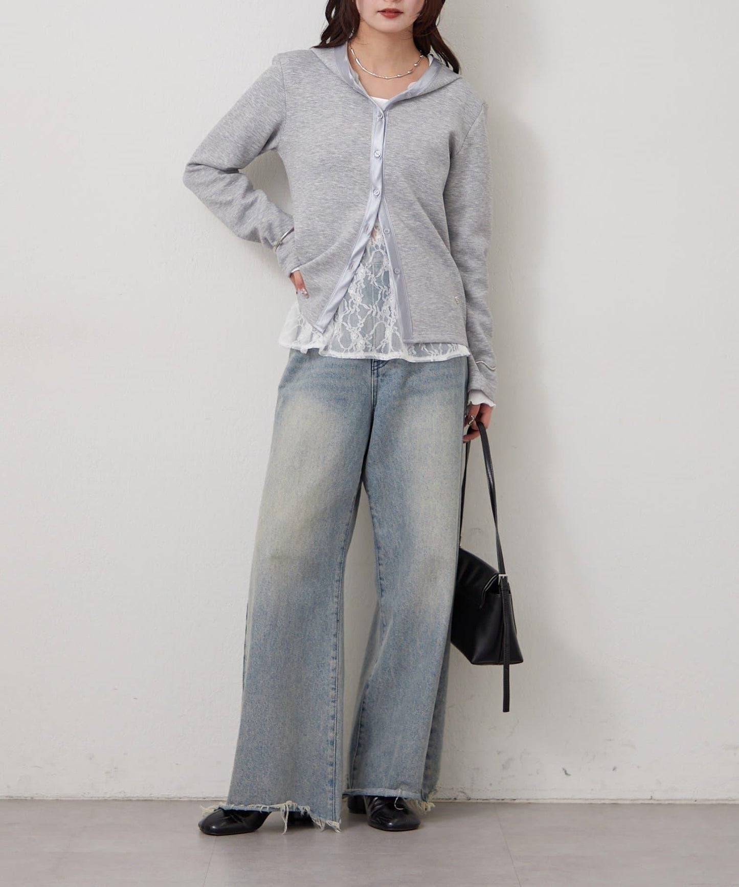 緞面拼接針織連帽衛衣