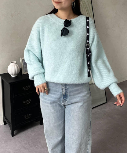 背部金屬裝飾船領長毛針織衫