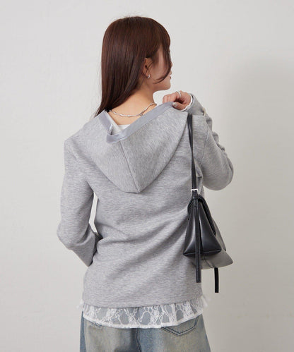 緞面拼接針織連帽衛衣