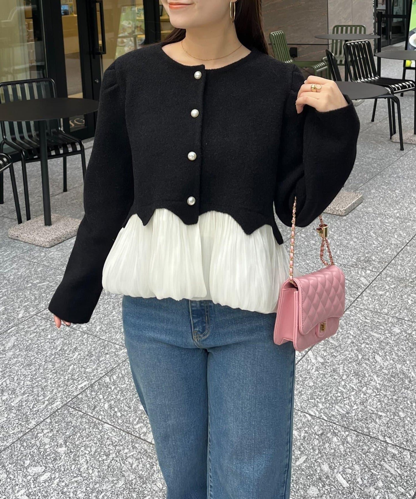 下襬氣球珍珠紐扣拼接荷葉邊針織衫