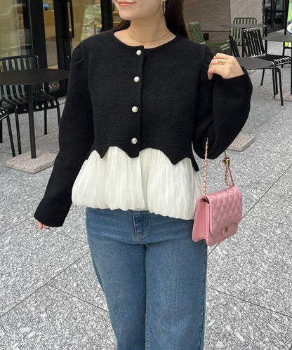 下襬氣球珍珠紐扣拼接荷葉邊針織衫
