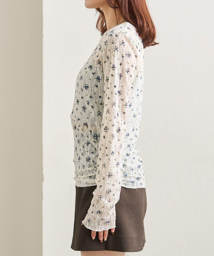 蕾絲花卉圖案透視長袖T恤