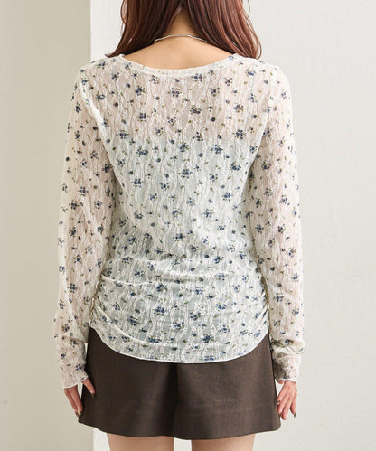 蕾絲花卉圖案透視長袖T恤