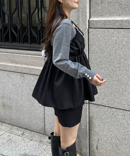 褶皺吊帶拼接荷葉邊針織衫