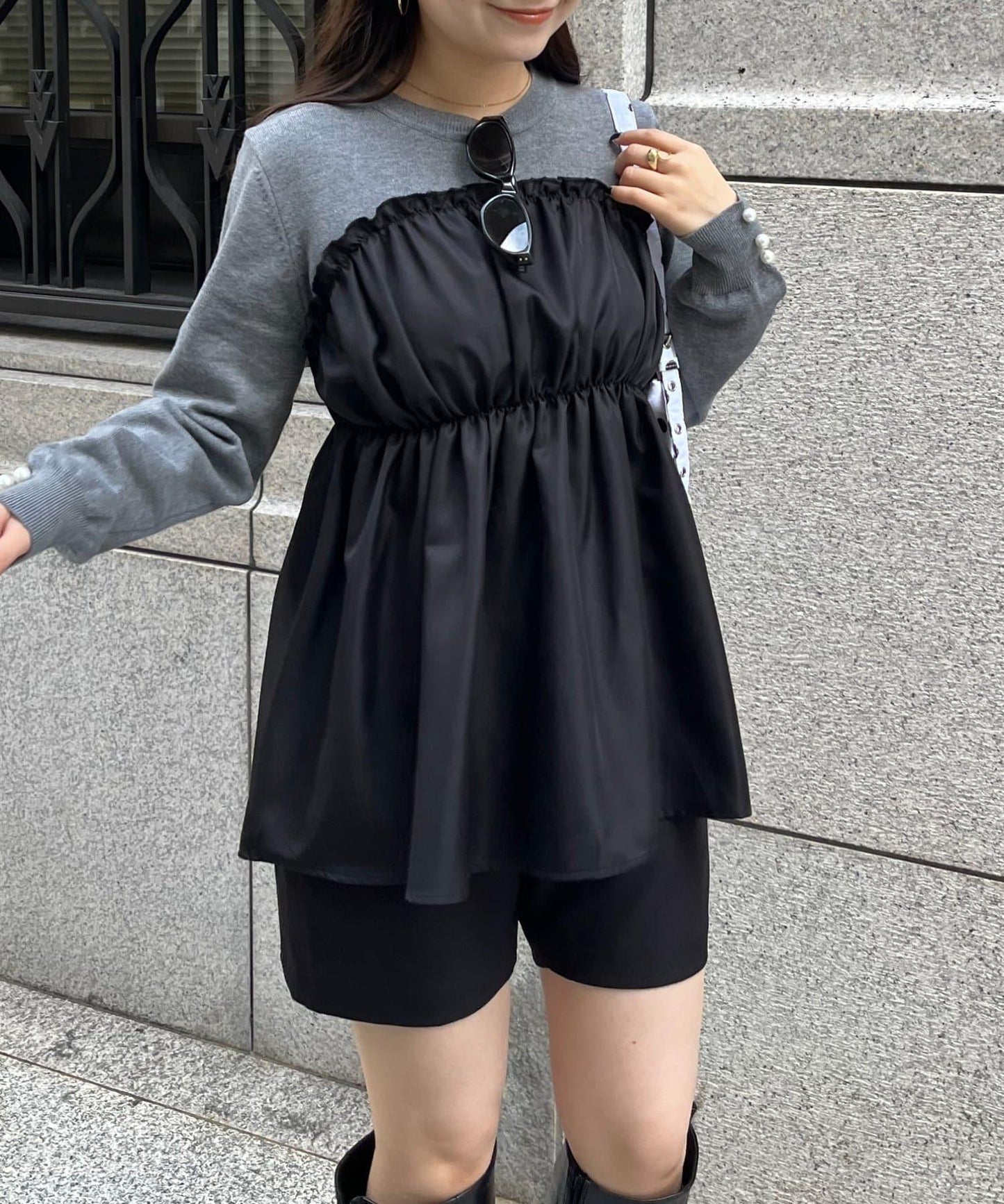 褶皺吊帶拼接荷葉邊針織衫