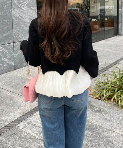 下襬氣球珍珠紐扣拼接荷葉邊針織衫