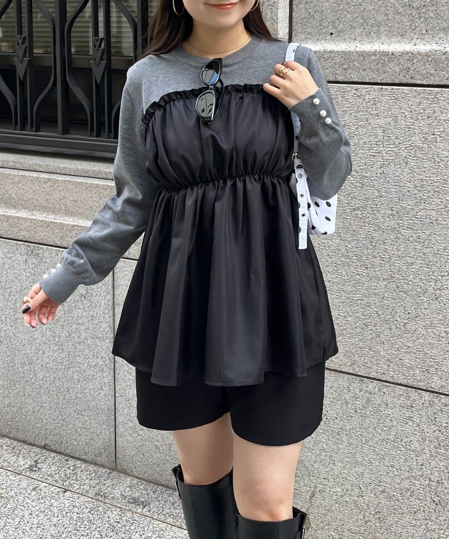 褶皺吊帶拼接荷葉邊針織衫