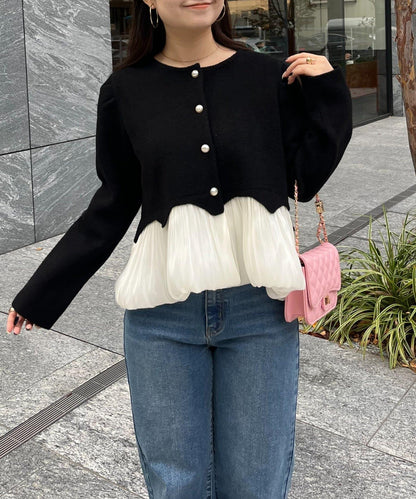 下襬氣球珍珠紐扣拼接荷葉邊針織衫
