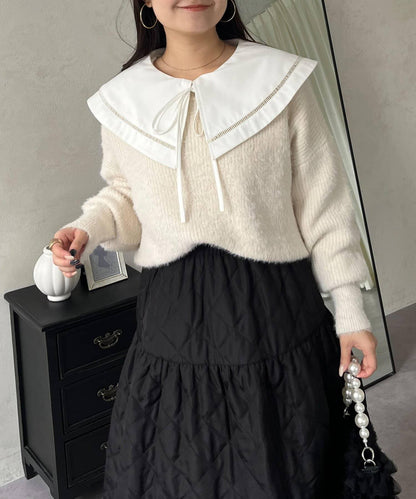 背部金屬裝飾船領長毛針織衫