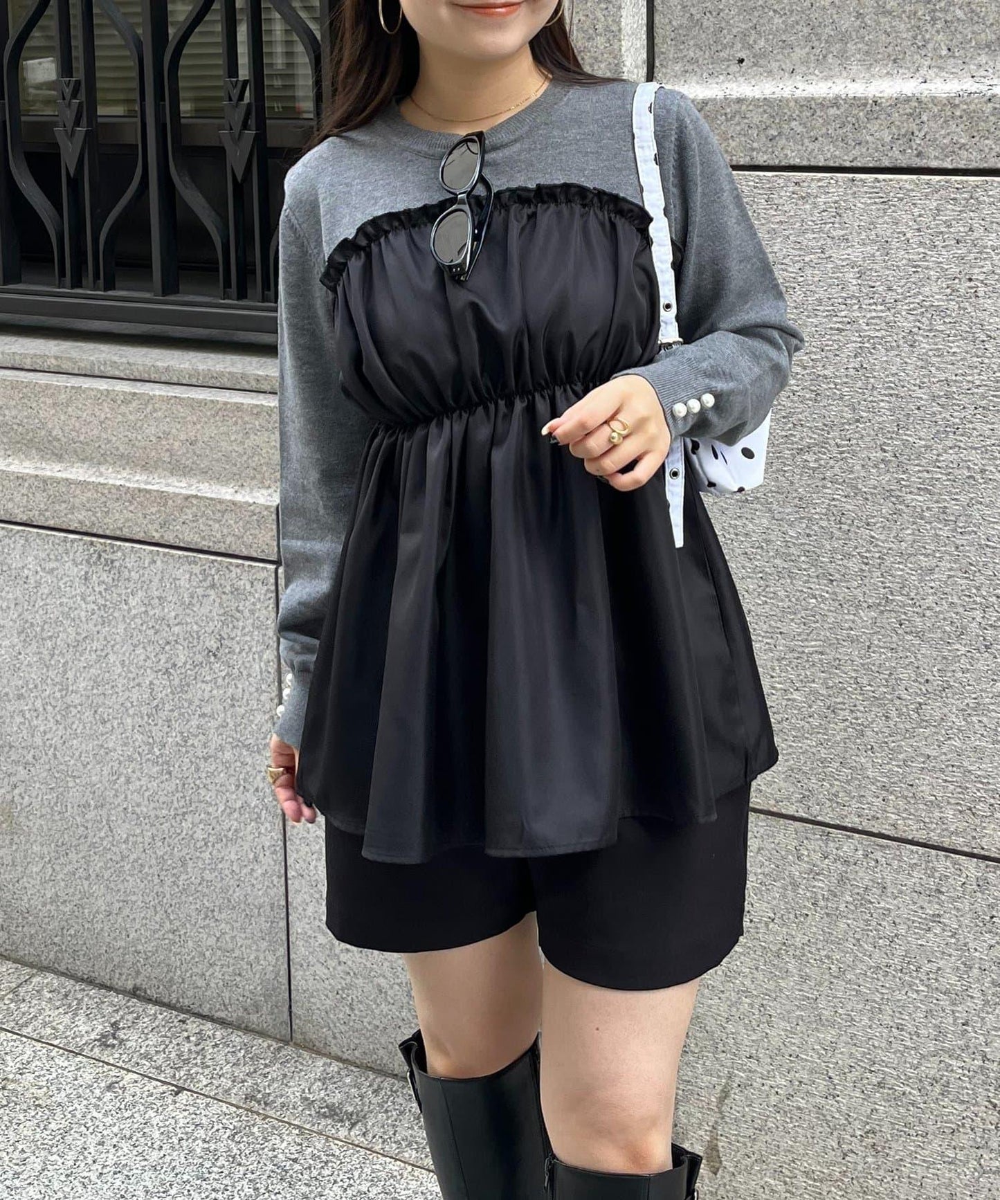 褶皺吊帶拼接荷葉邊針織衫