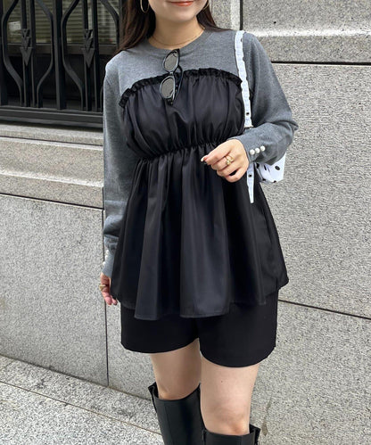 褶皺吊帶拼接荷葉邊針織衫