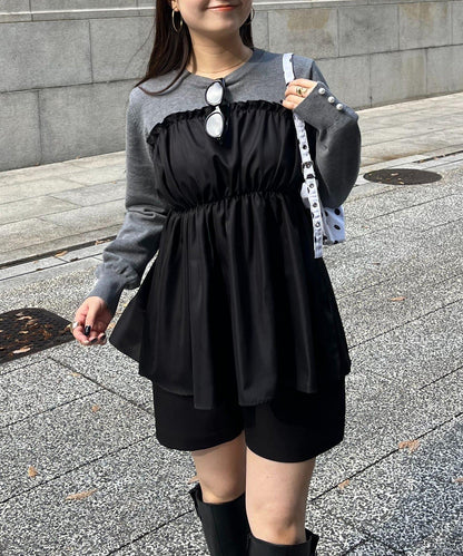 褶皺吊帶拼接荷葉邊針織衫