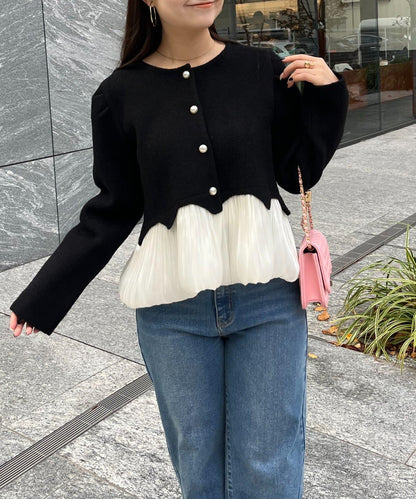 下襬氣球珍珠紐扣拼接荷葉邊針織衫