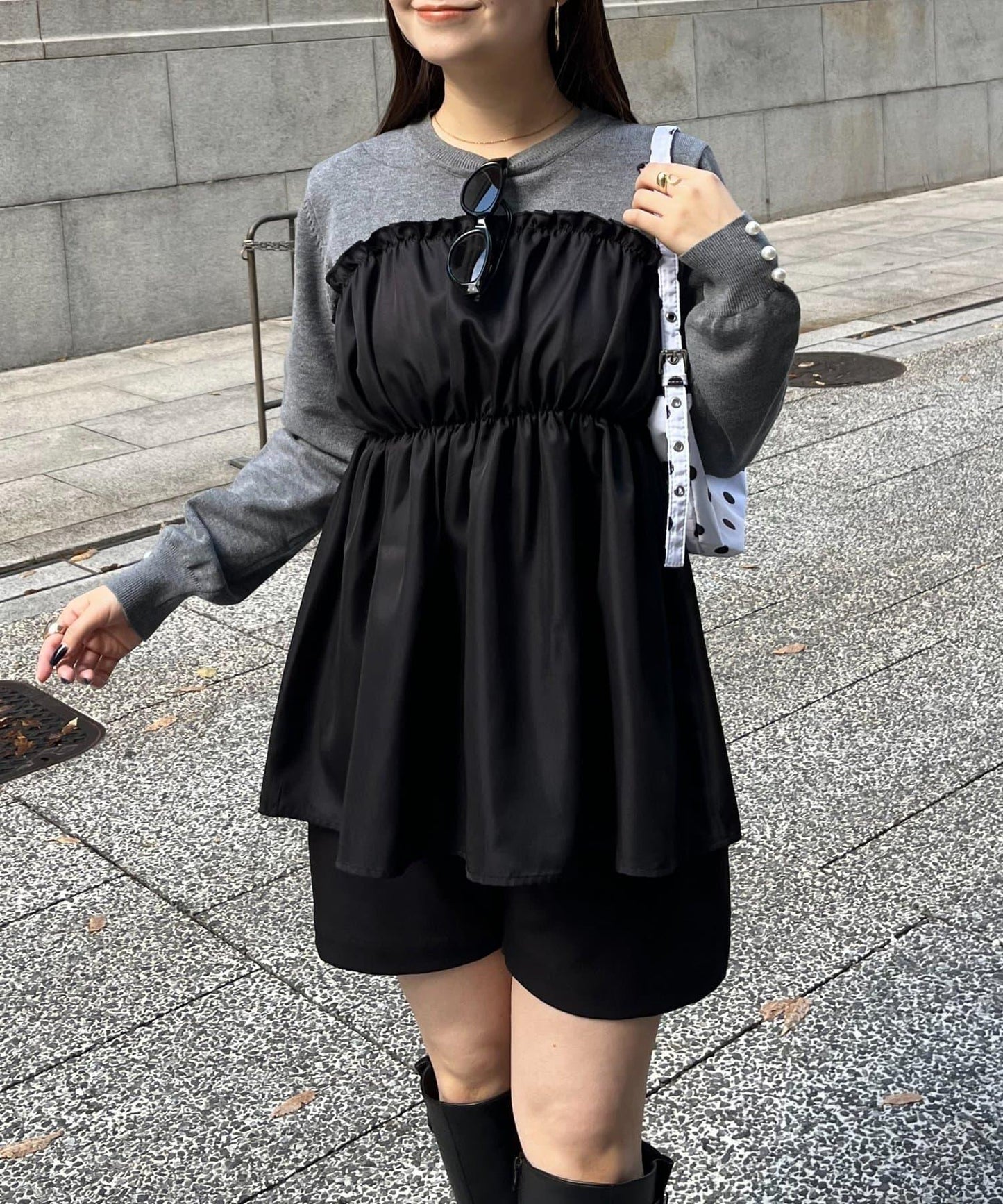 褶皺吊帶拼接荷葉邊針織衫