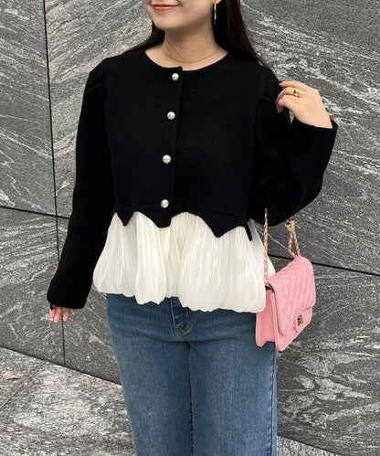 下襬氣球珍珠紐扣拼接荷葉邊針織衫