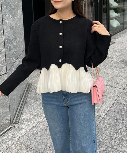 下襬氣球珍珠紐扣拼接荷葉邊針織衫