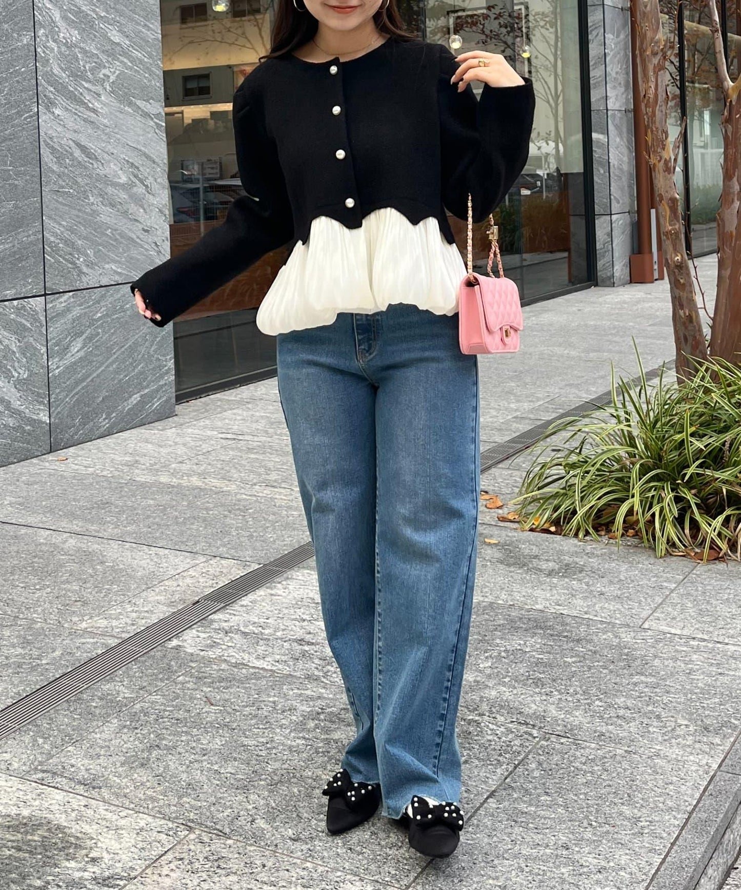 下襬氣球珍珠紐扣拼接荷葉邊針織衫