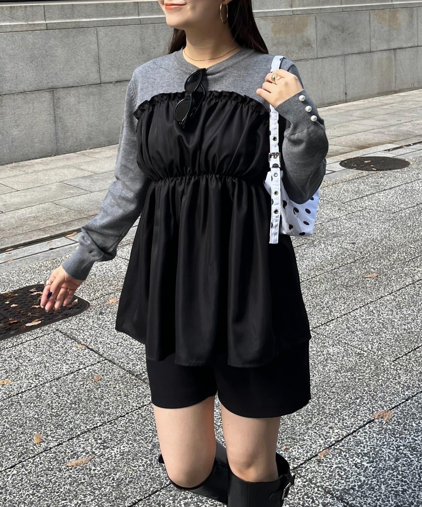 褶皺吊帶拼接荷葉邊針織衫