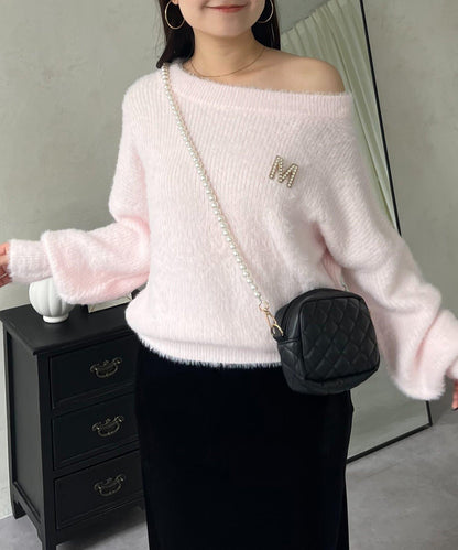 背部金屬裝飾船領長毛針織衫