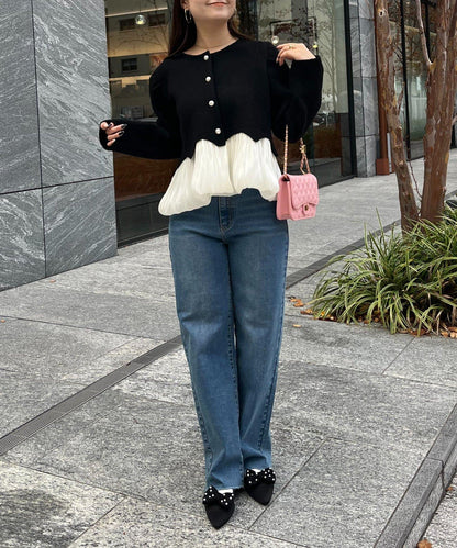 下襬氣球珍珠紐扣拼接荷葉邊針織衫