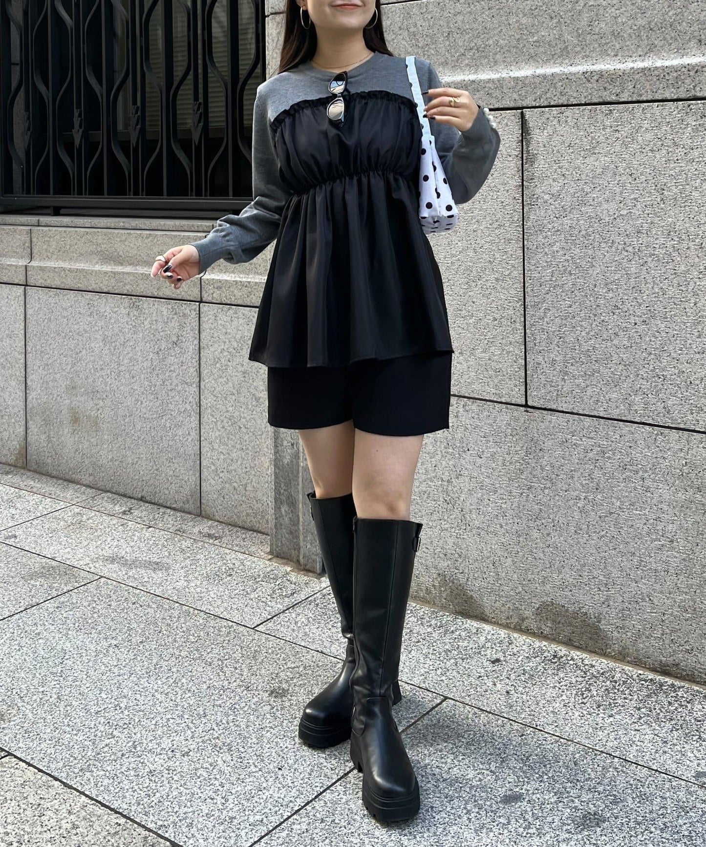 褶皺吊帶拼接荷葉邊針織衫