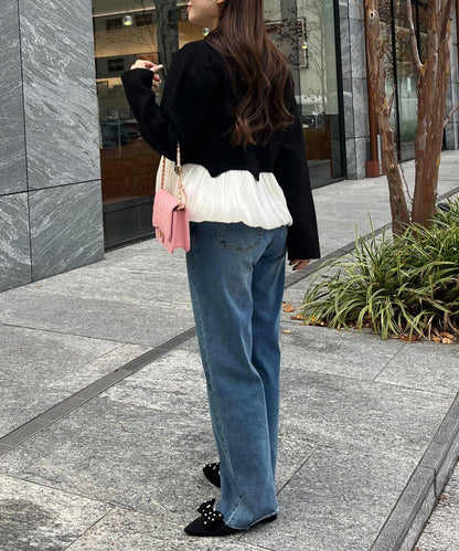 下襬氣球珍珠紐扣拼接荷葉邊針織衫