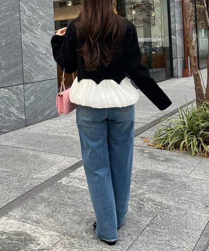 下襬氣球珍珠紐扣拼接荷葉邊針織衫