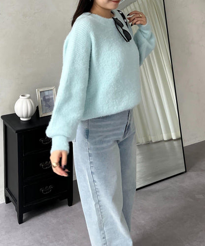 背部金屬裝飾船領長毛針織衫