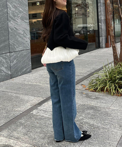 下襬氣球珍珠紐扣拼接荷葉邊針織衫