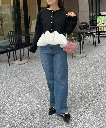 下襬氣球珍珠紐扣拼接荷葉邊針織衫