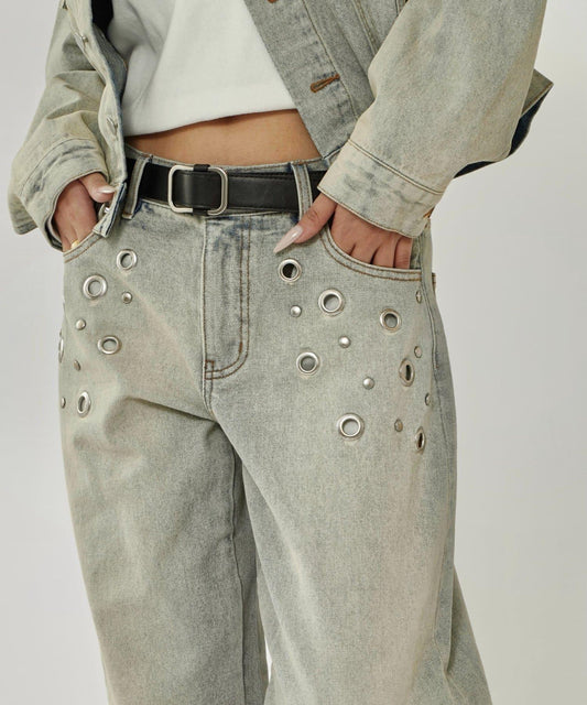 金屬孔眼高腰牛仔褲