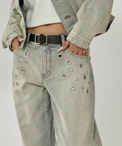 金屬孔眼高腰牛仔褲