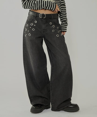金屬孔眼高腰牛仔褲