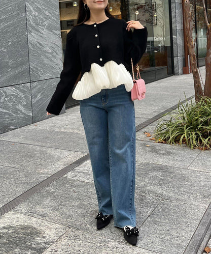 下襬氣球珍珠紐扣拼接荷葉邊針織衫