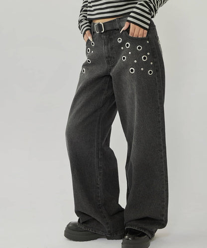 金屬孔眼高腰牛仔褲