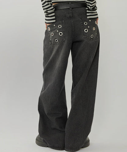 金屬孔眼高腰牛仔褲