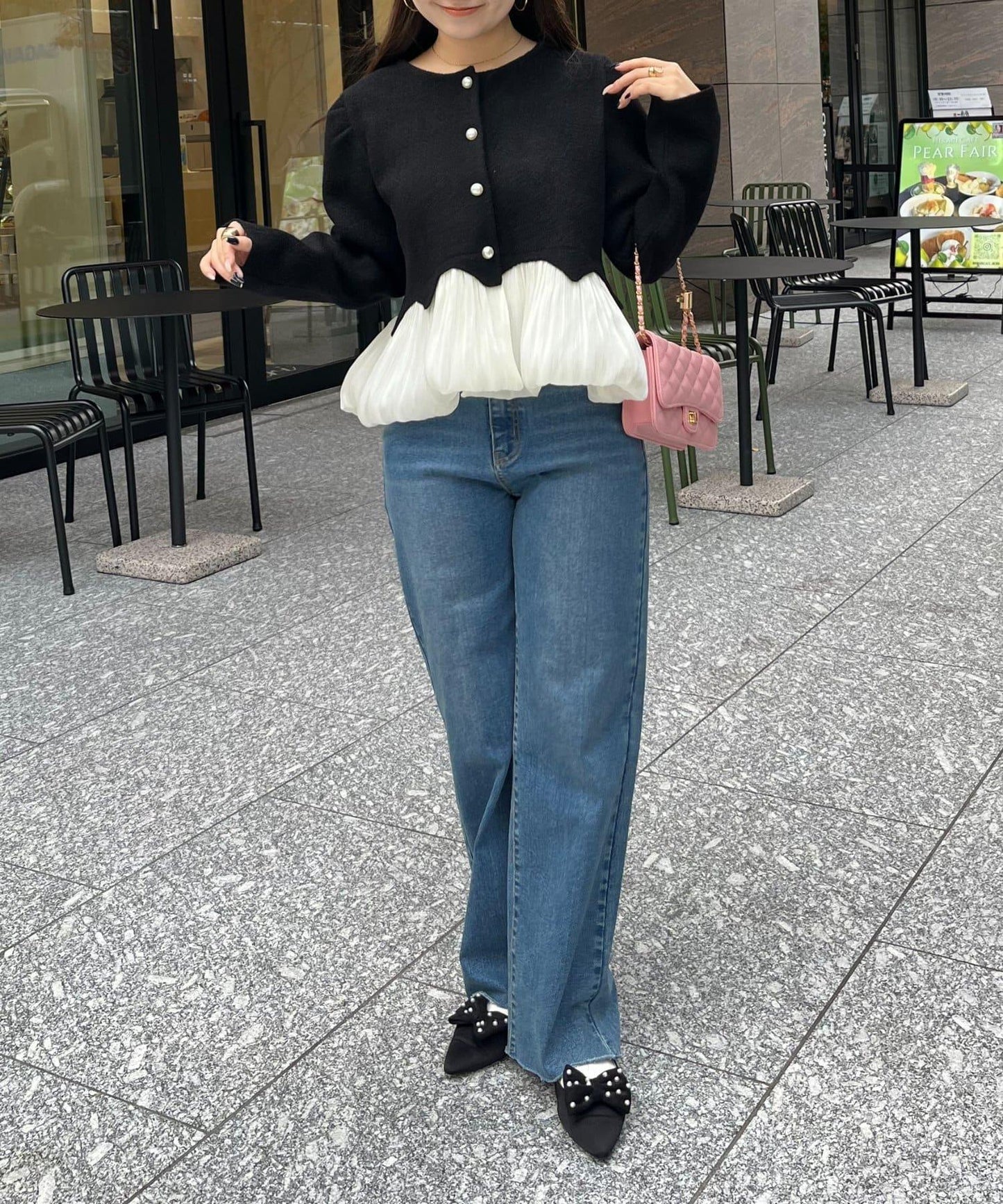 下襬氣球珍珠紐扣拼接荷葉邊針織衫