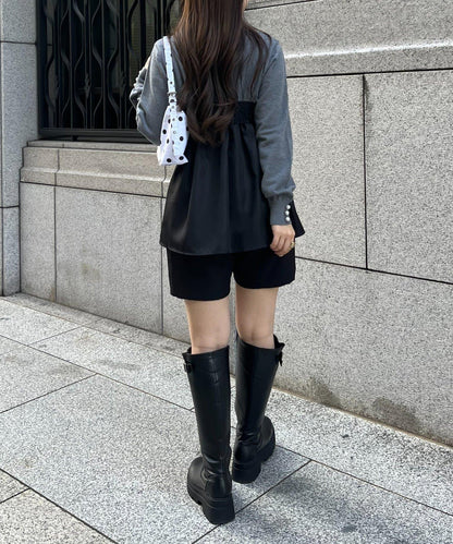 褶皺吊帶拼接荷葉邊針織衫