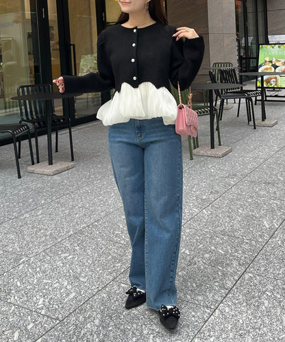 下襬氣球珍珠紐扣拼接荷葉邊針織衫