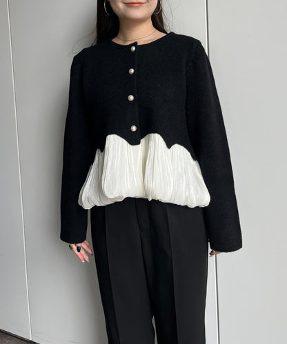 下襬氣球珍珠紐扣拼接荷葉邊針織衫