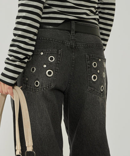 金屬孔眼高腰牛仔褲