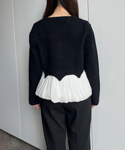 下襬氣球珍珠紐扣拼接荷葉邊針織衫