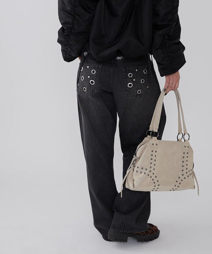 金屬孔眼高腰牛仔褲