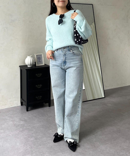 背部金屬裝飾船領長毛針織衫