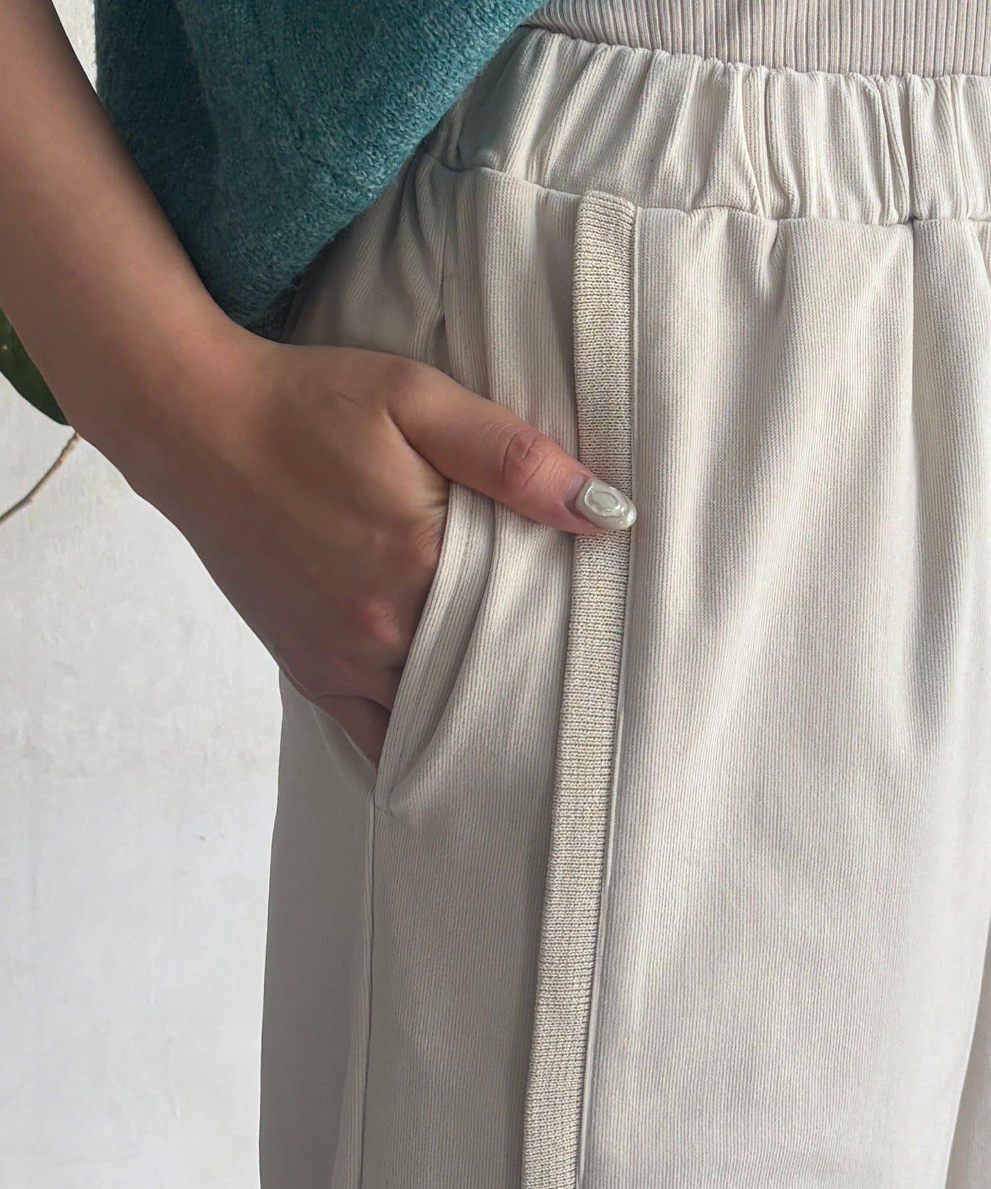 彈力磨毛羅紋拼接褲