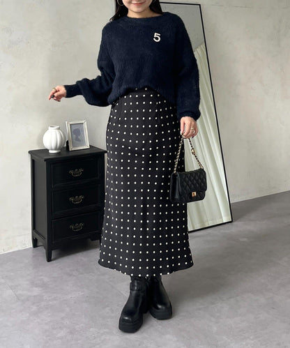 緞面波點斜裁半身裙